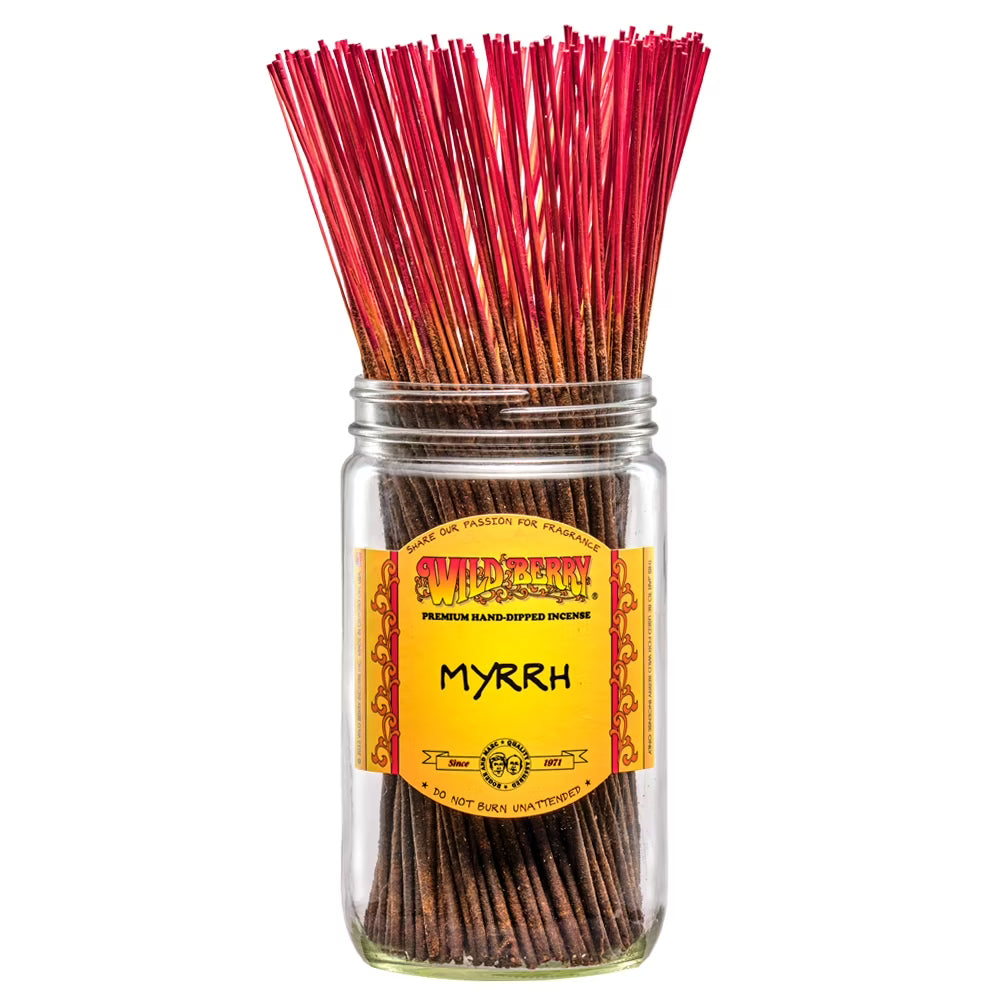 front view of the wild berry Myrrh incense sticks 100 bundle pack. A premium incense made for slow burns and soothing feelings.