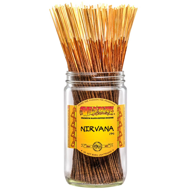 front view of wild berry Nirvana incense sticks. Giving calming and exotic aromas. with sandalwood, patchouli and exotic flowers with vanilla.