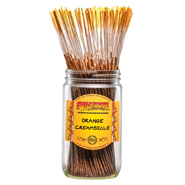 front view of Wild Berry Orange Creamsicle incense sticks. tangy citrus orange and smooth vanilla giving a sweet treat fragrance once lit.