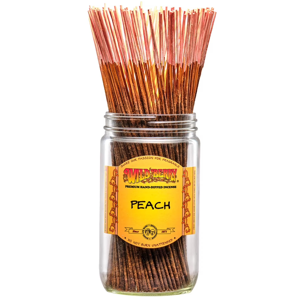 front view of wild berry peach incense sticks 100 count. A hand dipped incense giving a refreshing and sweet aroma.