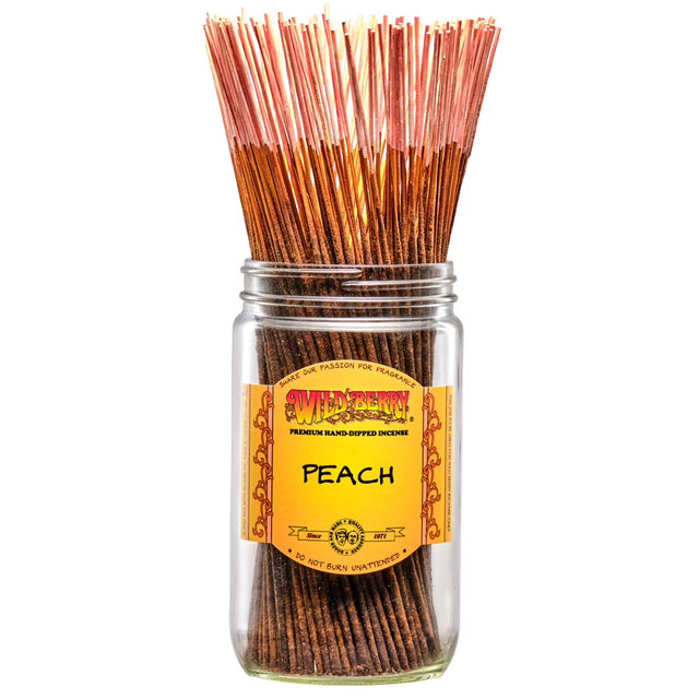 front view of wild berry peach incense sticks 100 count. A hand dipped incense giving a refreshing and sweet aroma.