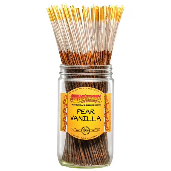front view of the wild berry pear vanilla incense. pairing the essence of crisp juicy pears with smooth and velvety vanilla. This premium product is hand dipped by Wild Berry