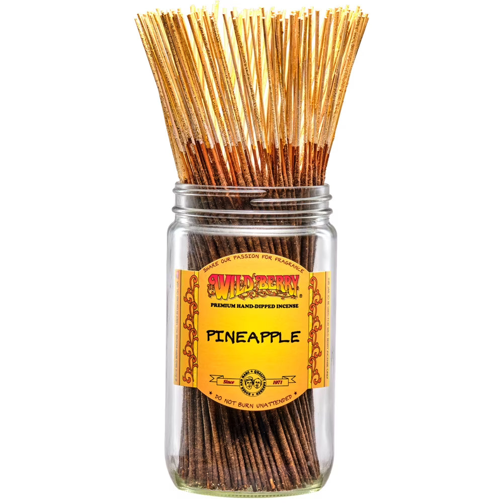 front view of Wild Berry pineapple incense sticks. This popular scent captures the tangy and sweet essence of pineapple with premium oils that are hand dipped.