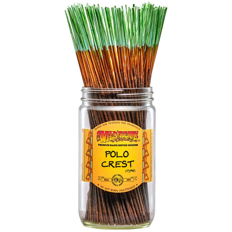 jar of the Wild berry Polo Crest incense 100 count bundle, jar no included. A incense inspired by cologne, having a crisp blend of fresh herbals nots with a notes of wood.