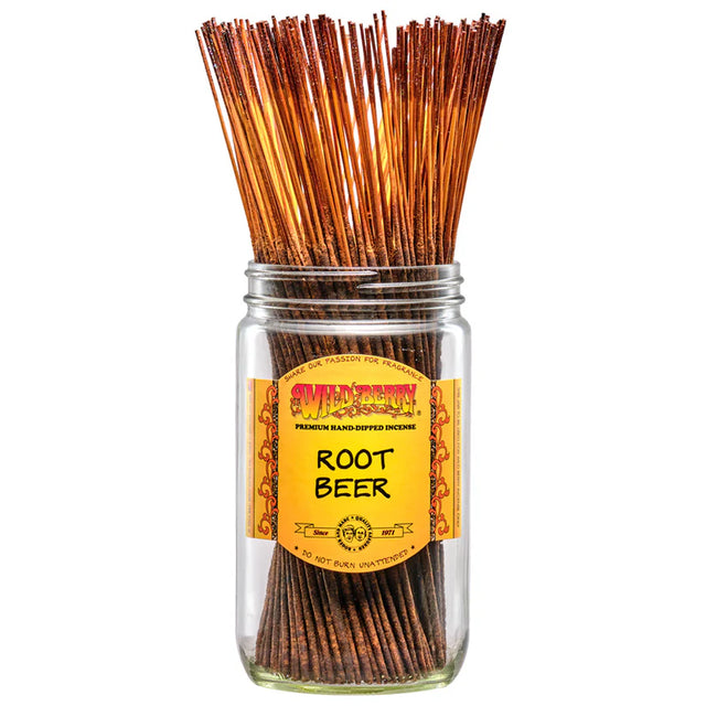 front view of the brown stalked Root Beer Incense Sticks by Wild Berry. A mix of sweet sassafras, vanilla and aromatic spices. Hand dipped and with premium oils.