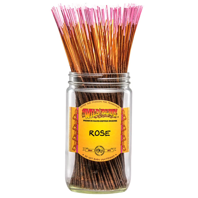 front view of the wild berry rose premium incense stick 100 bundle. giving sweet floral notes for calming and relaxation.
