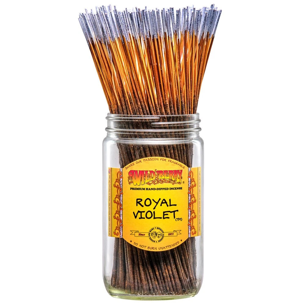 front view from the violet stalked wild berry Royal Violet incense. A incense with the hints of sweet blooming violets and jasmine with a velvety musk finish.
