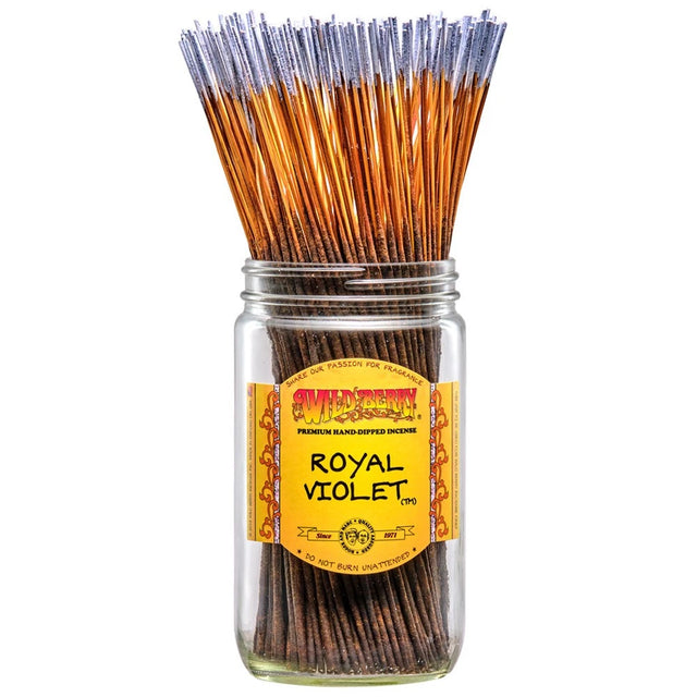 front view from the violet stalked wild berry Royal Violet incense. A incense with the hints of sweet blooming violets and jasmine with a velvety musk finish.