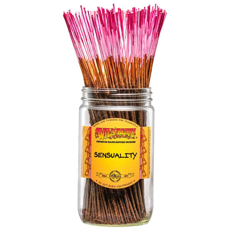 front view of the Wild Berry Sensuality incense. A blend of Jasmine, sandalwood, citrus and spice to bring a fantasy like air with these double dipped incenses. 