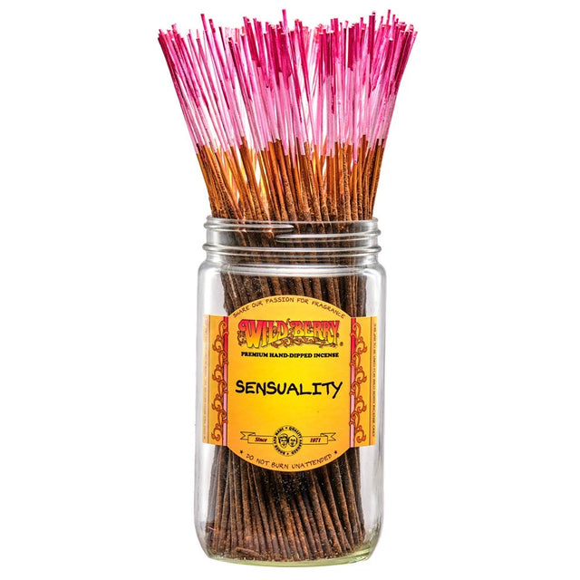 front view of the Wild Berry Sensuality incense. A blend of Jasmine, sandalwood, citrus and spice to bring a fantasy like air with these double dipped incenses. 