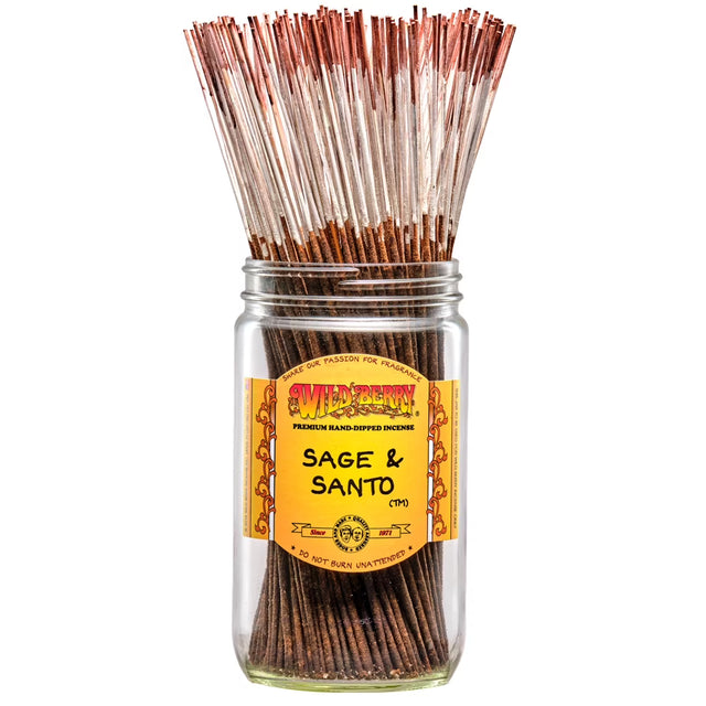 front view of the white and burgundy stalked Sage & Santo Incense by wild berry. hand dipped to give a sacred like fragrance with white sage and palo santo wood.