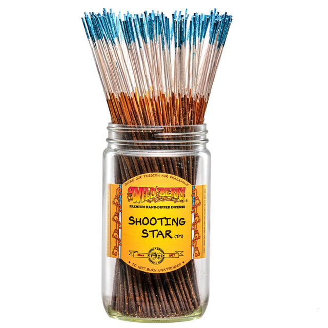 front view of the white and blue stalked Shooting Star incense by wild berry. Its premium oils give off a clean and fresh fragrances of clean night and light floral notes.