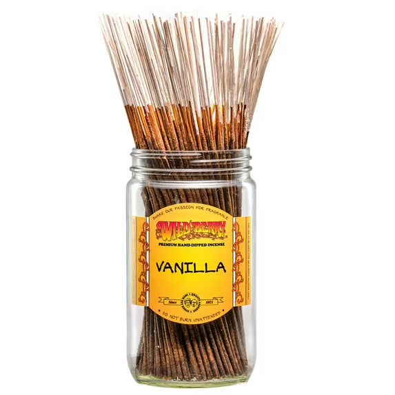 front view of the wild berry vanilla incense sticks 100 count. Jar not Included. This is a classic smell, with deep creamy scent profile that is cozy and relaxing.