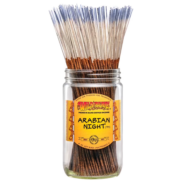 front view of white and blue incense sticks dipped with premium oils. rich musk, sandalwood, spices with florals for a alluring and mysterious aroma.