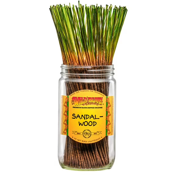 view of the 100 count sandalwood incense in a jar by Wild Berry. A hand dipped incense with earthy undertones with hints of wood.