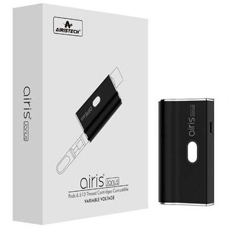 Front view of the Airis Janus 2-in-1 battery in a low-profile, matte Black finish. This discreet palm-sized multi-use mod is ideal for inconspicuous sessions on the go.