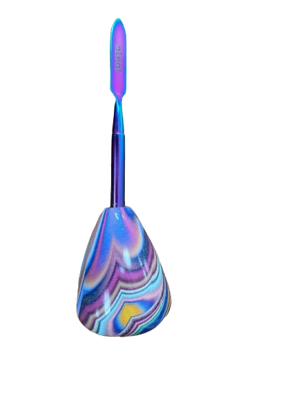 Front view of the aLeaf Tie Dye Glass & Steel Dab Tools in assorted multi-tone tie-dye colors. These hybrid instruments feature a heavy-duty stainless steel tip fused to an elongated borosilicate glass handle for precise handling and direct thermal resistance.