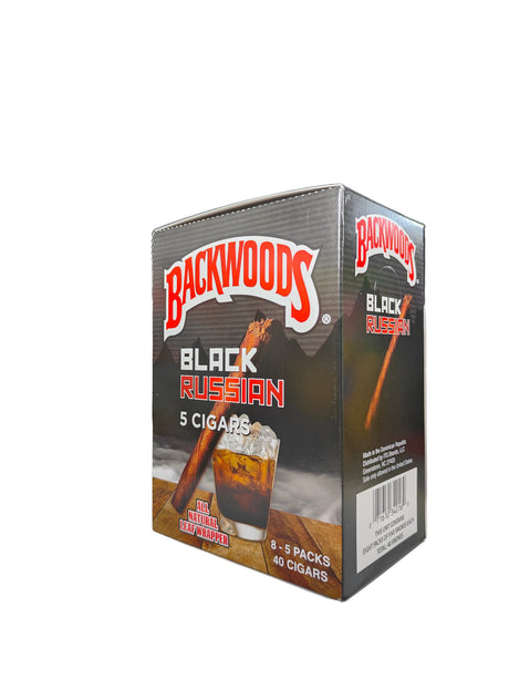 Angled overhead view of the Backwoods Black Russian box in dark black and silver. These authentic natural leaf cigars come in a wholesale 8-count box of 5-packs, perfect for stocking retail displays.
