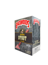Angled view of the Backwoods Dark Stout box in deep black and brown. These authentic natural leaf cigars come in a wholesale 8-count box of 5-packs, perfect for stocking retail displays.