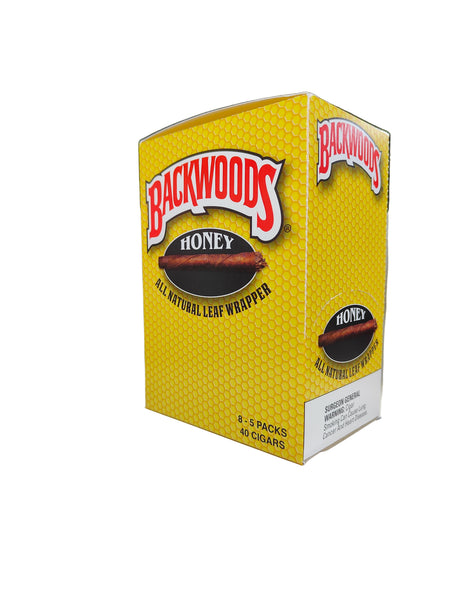 Front view of the Backwoods Honey box in bright yellow and gold. These authentic natural leaf cigars come in a wholesale 8-count box of 5-packs, perfect for stocking retail displays.