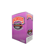Front view of the Backwoods Honey Berry box in rich purple. These authentic natural leaf cigars come in a wholesale 8-count box of 5-packs, perfect for stocking retail displays.