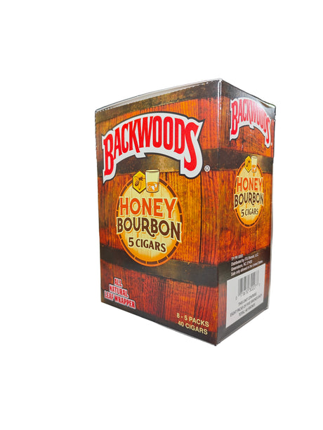 Angled front view of the Backwoods Honey Bourbon box in warm orange and gold barrel design. These authentic natural leaf cigars come in a wholesale 8-count box of 5-packs, perfect for stocking retail displays.
