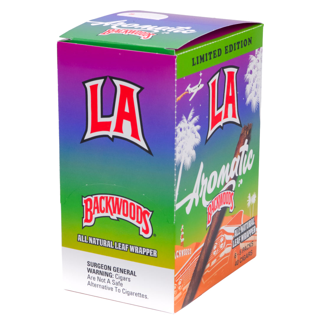 A boxed product package for LA Backwoods Aromatic Leaf Wrappers, shown on a plain white background. The box features a multicolor gradient design with purple, green, and blue tones, large red-and-white LA logos, white script text, and a small illustrated cigar graphic near the bottom.