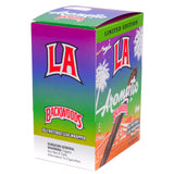 A boxed product package for LA Backwoods Aromatic Leaf Wrappers, shown on a plain white background. The box features a multicolor gradient design with purple, green, and blue tones, large red-and-white LA logos, white script text, and a small illustrated cigar graphic near the bottom.