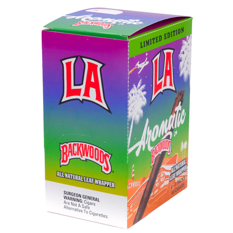 A boxed product package for LA Backwoods Aromatic Leaf Wrappers, shown on a plain white background. The box features a multicolor gradient design with purple, green, and blue tones, large red-and-white LA logos, white script text, and a small illustrated cigar graphic near the bottom.