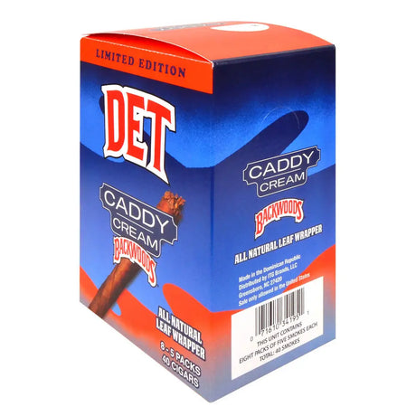 A boxed pack of Det Caddy Cream Backwoods all natural leaf wrapper, 8-pack, in a blue and orange cardboard box with a white barcode panel on the front.