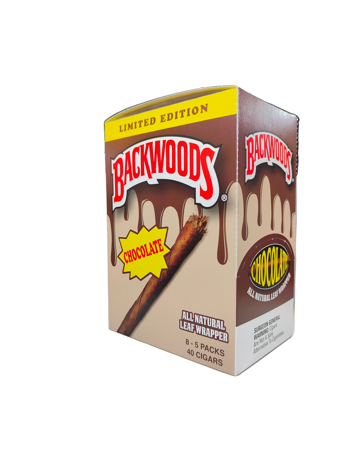 Front view of the Backwoods Limited Edition Chocolate box in light and dark brown. These authentic natural leaf cigars come in a wholesale 8-count box of 5-packs, perfect for stocking retail displays.
