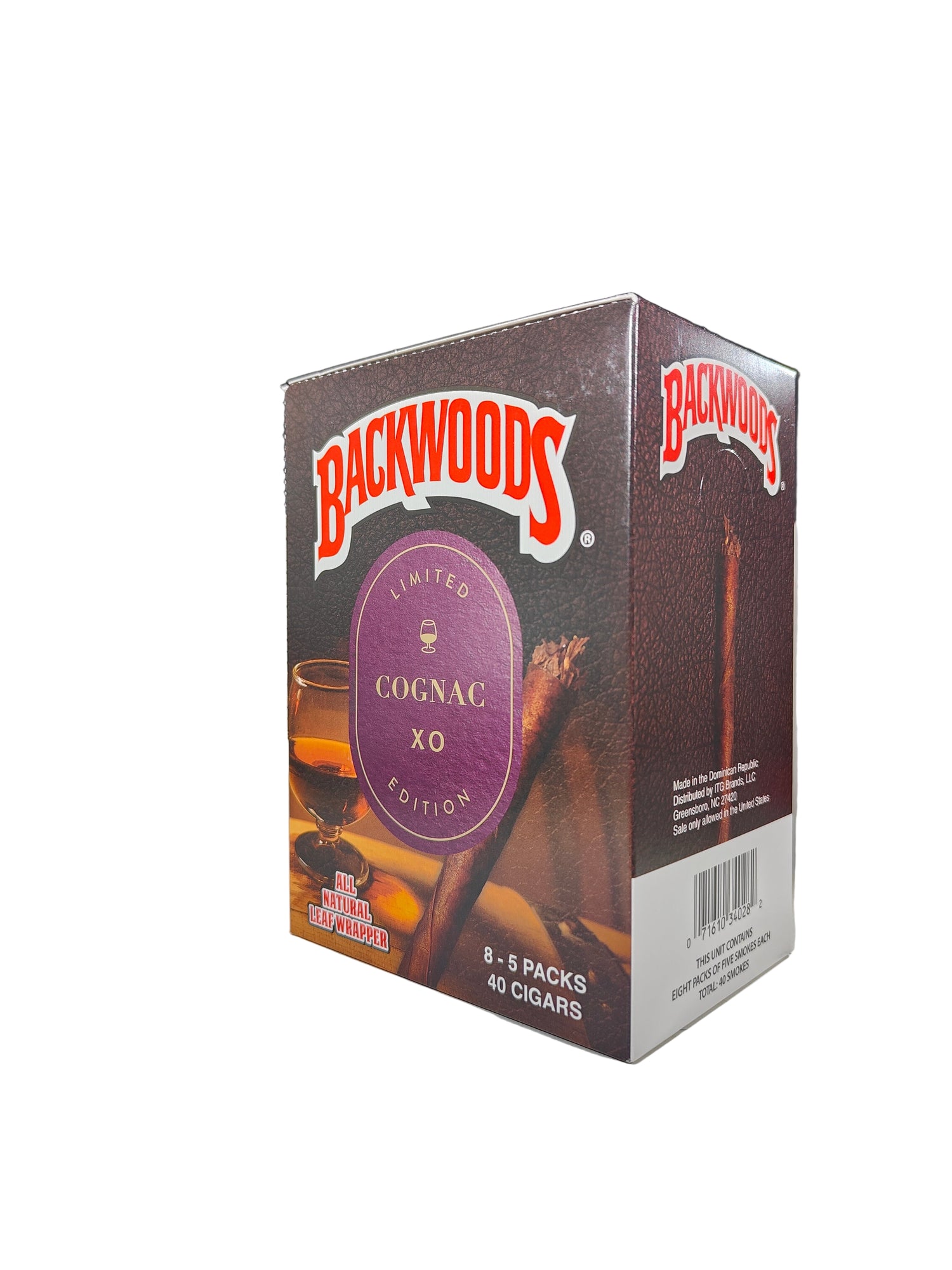 Angled view of the Backwoods Limited Edition Cognac XO box in sleek brown leather and gold. These authentic natural leaf cigars come in a wholesale 8-count box of 5-packs, perfect for stocking retail displays.