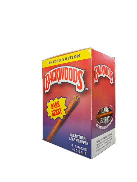 Angled overhead view of the Backwoods Limited Edition Dark Berry box in deep dark purple and red. These authentic natural leaf cigars come in a wholesale 8-count box of 5-packs, perfect for stocking retail displays.