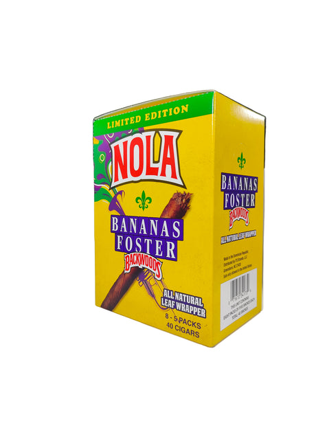 Angled front view of the Backwoods Limited Edition Nola Bananas Foster box in yellow and green. These authentic natural leaf cigars come in a wholesale 8-count box of 5-packs, perfect for stocking retail displays.