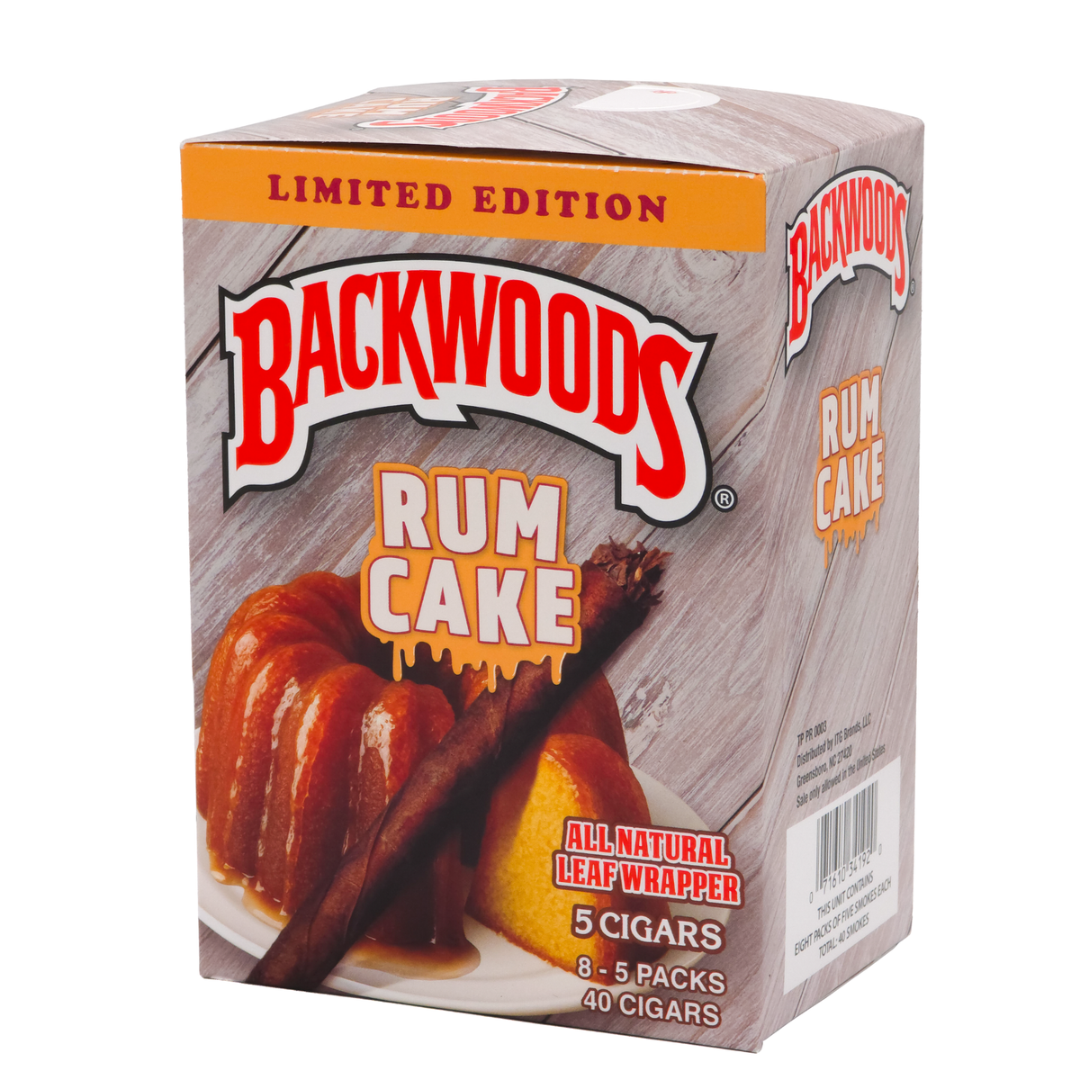 A box of Backwoods Rum Cake cigars, featuring a wood-grain patterned background, an orange banner reading 'LIMITED EDITION', and an illustration of a sliced rum cake with cinnamon sticks.