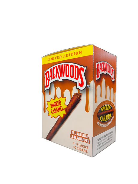 Front view of the Backwoods Limited Edition Smoked Caramel box in rich caramel and brown. These authentic natural leaf cigars come in a wholesale 8-count box of 5-packs, perfect for stocking retail displays.