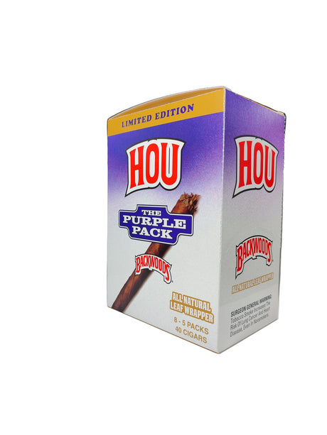 Front view of the Backwoods Limited Edition The Purple Pack Houston box in vibrant purple and white. These authentic natural leaf cigars come in a wholesale 8-count box of 5-packs, perfect for stocking retail displays.