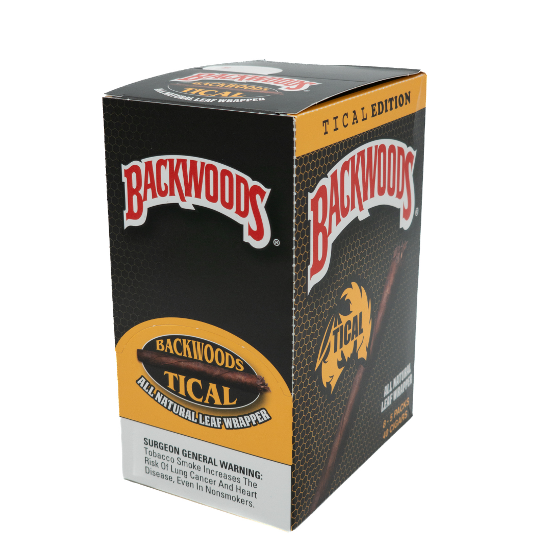 Backwoods Tical Edition all natural leaf wrapper box, featuring a black and gold design with red and white Backwoods branding.