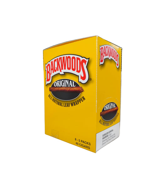 Angled overhead view of the Backwoods Original box in traditional brown, yellow, and red. These authentic natural leaf cigars come in a wholesale 8-count box of 5-packs, perfect for stocking retail displays.