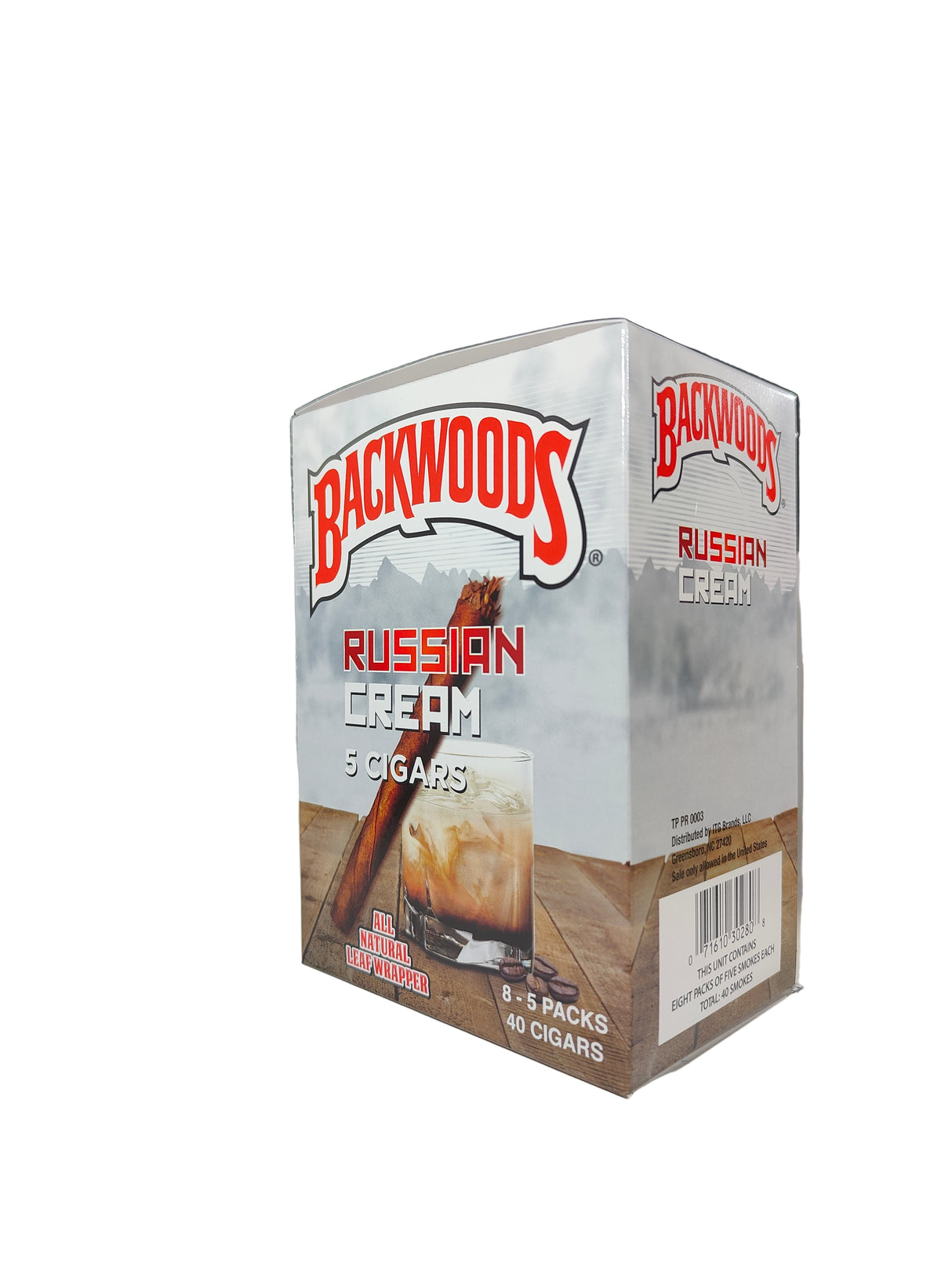 Front view of the Backwoods Russian Cream box in creamy beige and dark brown. These authentic natural leaf cigars come in a wholesale 8-count box of 5-packs, perfect for stocking retail displays.