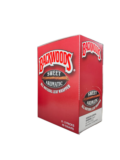 Front view of the Backwoods Sweet Aromatic box in classic red and brown. These authentic natural leaf cigars come in a wholesale 8-count box of 5-packs, perfect for stocking retail displays.