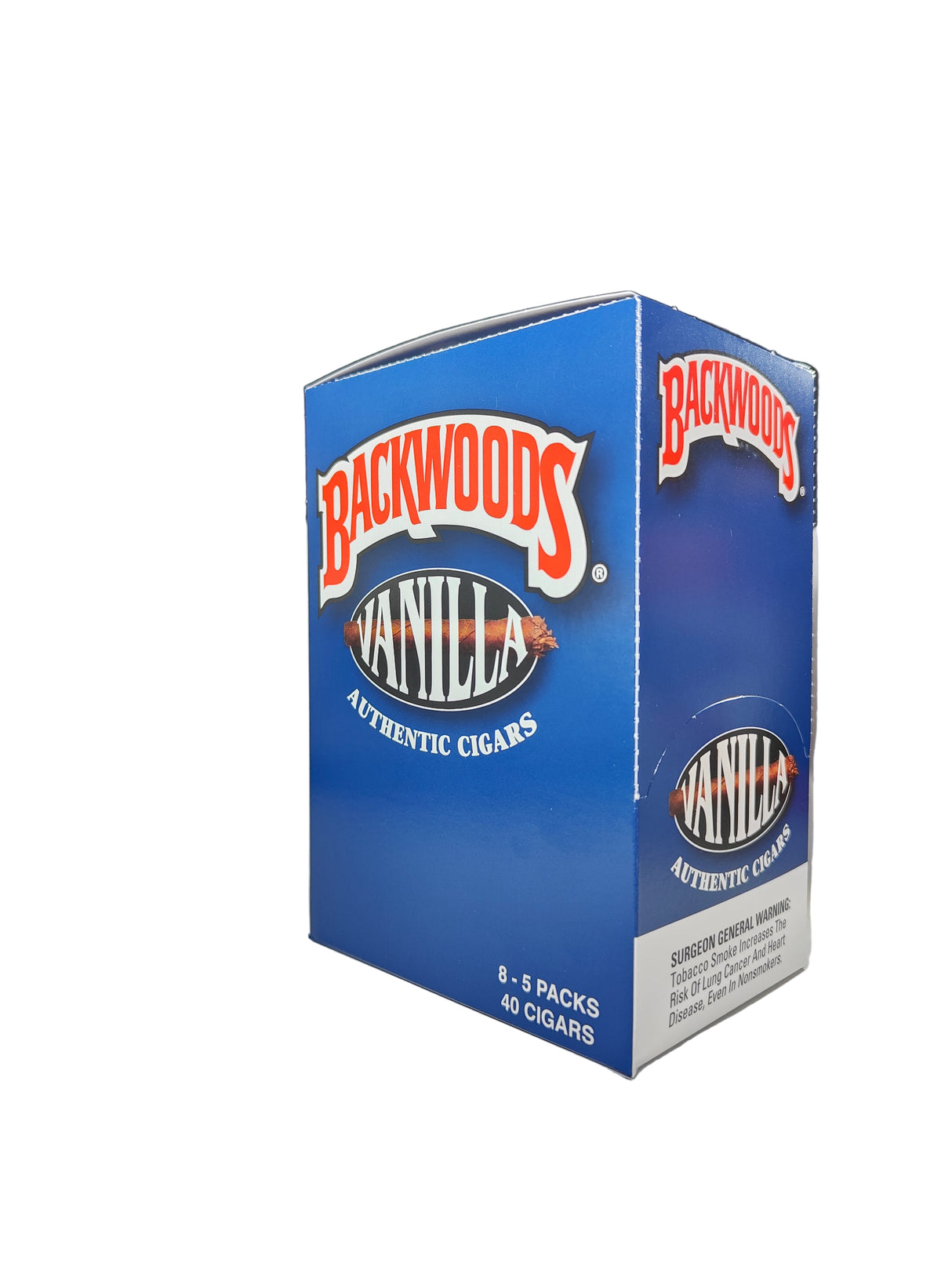 Angled front view of the Backwoods Vanilla box in blue. These authentic natural leaf cigars come in a wholesale 8-count box of 5-packs, perfect for stocking retail displays.