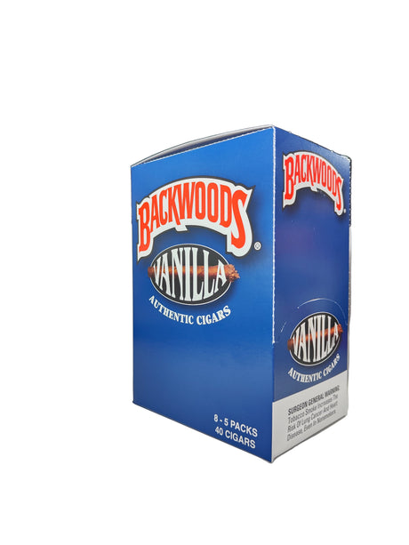 Angled front view of the Backwoods Vanilla box in blue. These authentic natural leaf cigars come in a wholesale 8-count box of 5-packs, perfect for stocking retail displays.