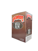 Front view of the Backwoods Wild Rum box in dark burgundy and brown. These authentic natural leaf cigars come in a wholesale 8-count box of 5-packs, perfect for stocking retail displays.