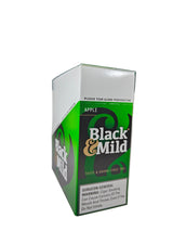 Front view of the Black and Mild Apple Plastic Tip cigarillos box in vibrant green and brown. These popular machine-made pipe tobacco cigarillos come in a wholesale 10-count box of 5-packs, perfect for retail counter displays.