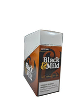 Angled front view of the Black and Mild Original Plastic Tip cigarillos box in classic beige and brown. These popular machine-made pipe tobacco cigarillos come in a wholesale 10-count box of 5-packs, perfect for retail counter displays.