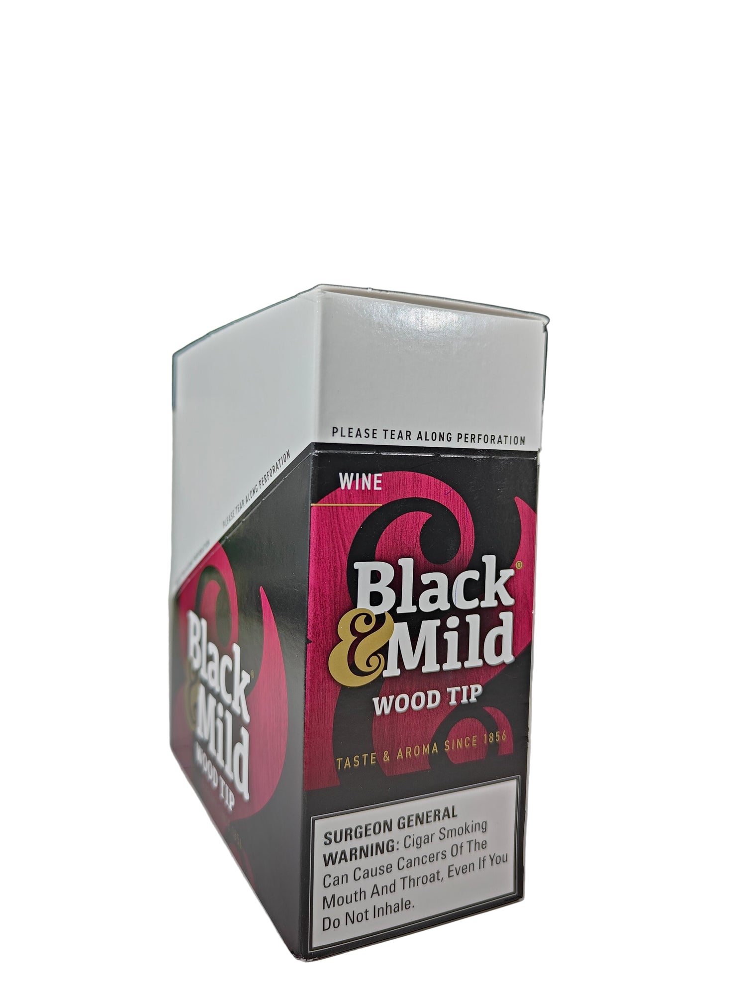 Angled overhead view of the Black and Mild Wine Wood Tip cigarillos box in deep burgundy and dark brown. These popular machine-made pipe tobacco cigarillos come in a wholesale 10-count box of 5-packs, perfect for retail counter displays.