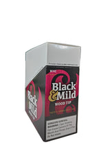 Angled overhead view of the Black and Mild Wine Wood Tip cigarillos box in deep burgundy and dark brown. These popular machine-made pipe tobacco cigarillos come in a wholesale 10-count box of 5-packs, perfect for retail counter displays.