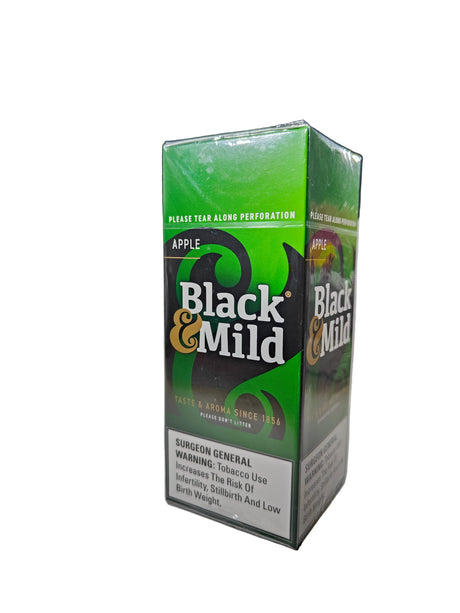 Front view of the Black and Mild Apple Plastic Tip 25-count singles box in vibrant green and brown. These popular machine-made pipe tobacco cigarillos come in a wholesale 25-count box of singles, perfect for retail point-of-purchase displays.