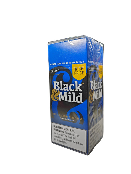 Front view of the Black and Mild Casino Plastic Tip 25-count singles box in sleek gold and brown. These popular machine-made pipe tobacco cigarillos come in a wholesale 25-count box of singles, perfect for retail point-of-purchase displays.
